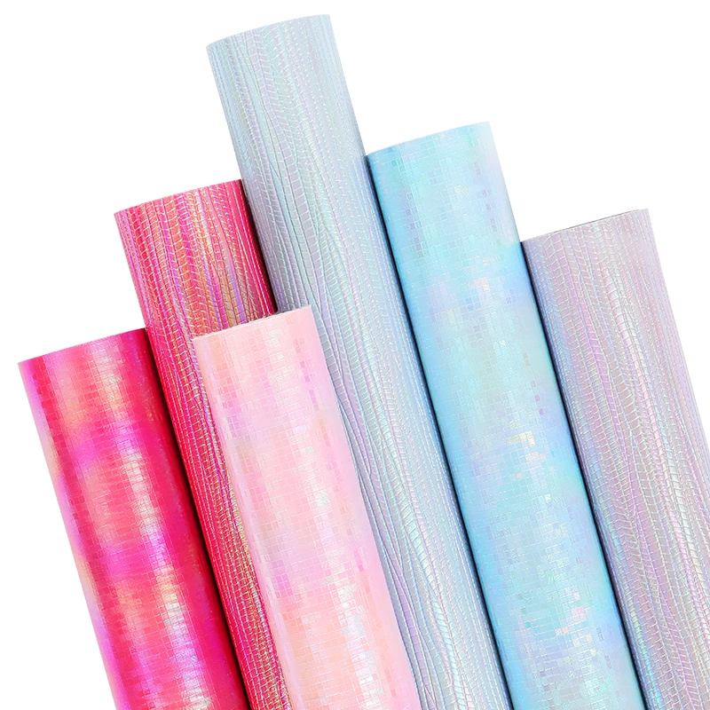 Colorful Rainbow Mixed Plaid Stripe Embossed Holographic PU Synthetic Leather Fabric For DIY Craft Handbags Earrings