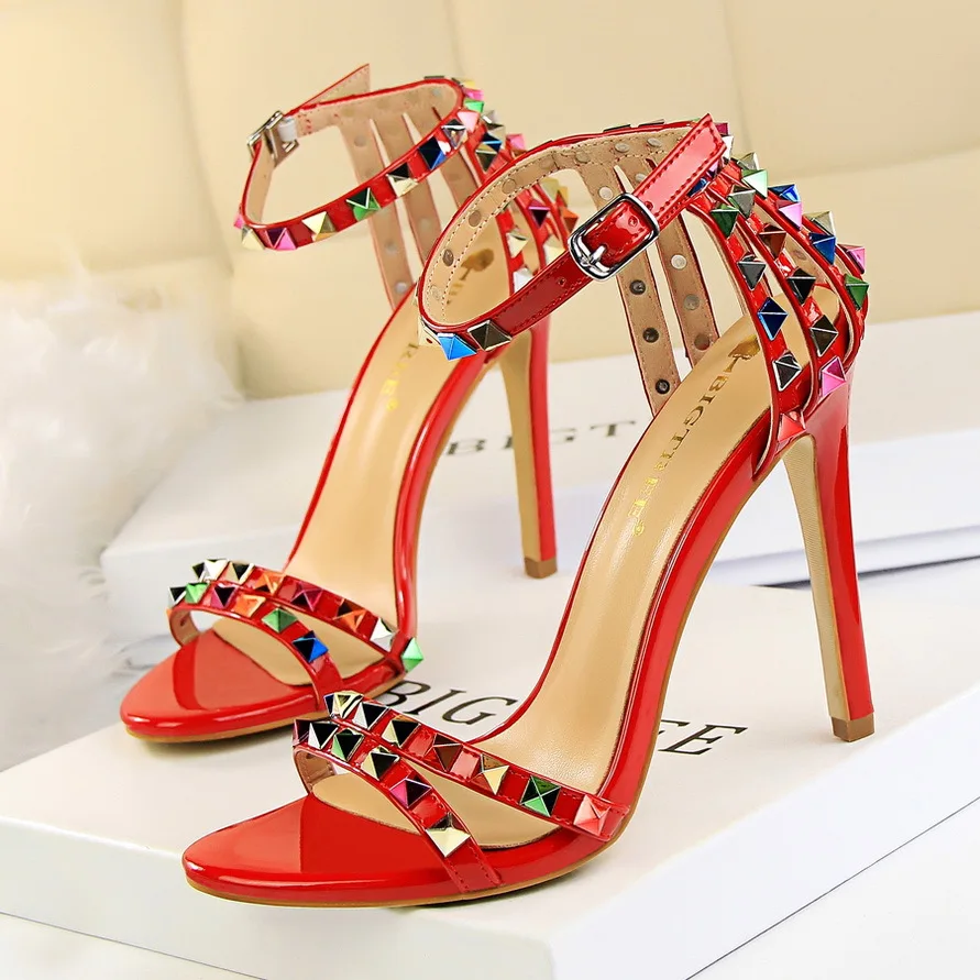 2023 new arrival ladies studded thin high heel sandals pumps stiletto colorful rivets roman sandals for women