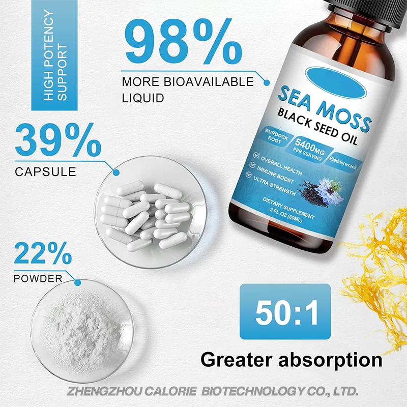 OEM/ODM Private Label Sea Moss Black Seed Oil Ashwagandha Supplement Vitamin C Rich Oral Liquid Drops Herbal Extract in Bottle