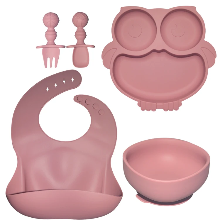 MHC Baby Tableware Nontoxic  Food Tray Dishes Silicone Baby Feeding Owl Plates 6 Pcs Sets With Cup Bib Plate Bowl Fork Spoon