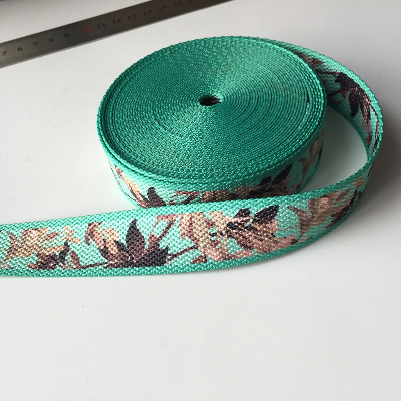 
Factory direct sale 2.5cm polyester non-elastic green pattern shoes decoration webbing two-sided thermal transfer webbing 