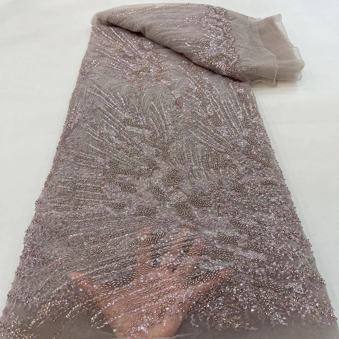 Decent Nigerian tulle embroidered beaded guipure lace 3d leaf fabric for evening dress