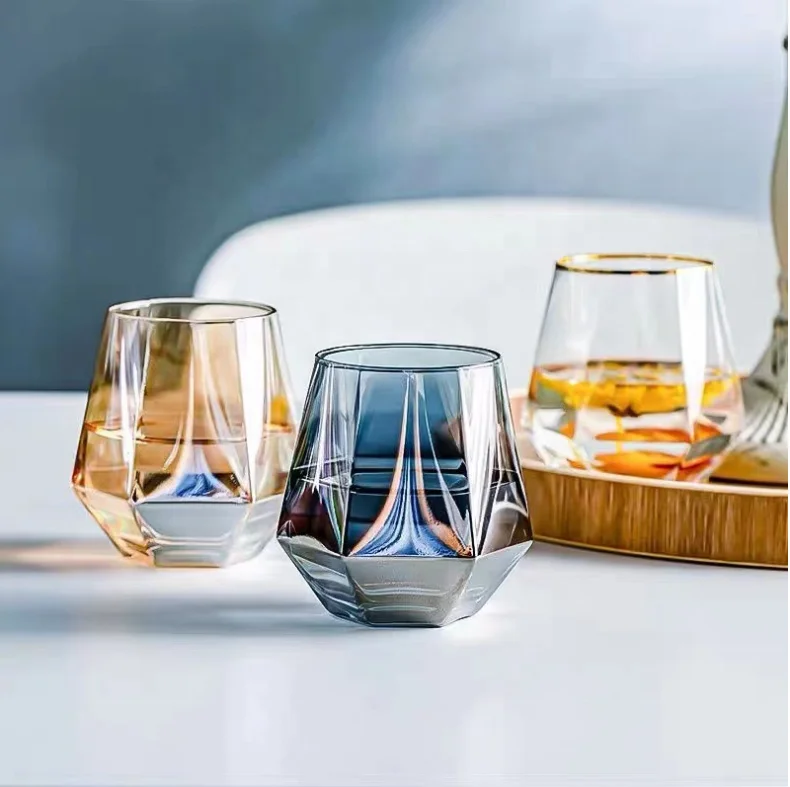 2024 High Quality color Whiskey Glasses Drinking Whisky Glasses Cup Crystal Diamond Shape Whiskey Glass