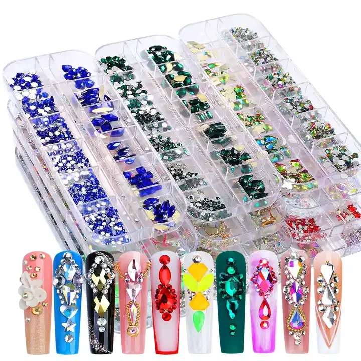 Foretrend 12 Grid Best Seller Nail Stone Nail Rhinestones Crystal AB kit Multi Shape Glass Diamonds Nails Art Rhinestone