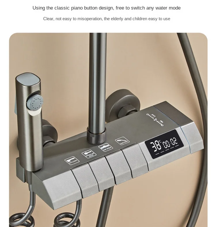 Gray Full Copper Bath Shower Gun Digital Display Rain Pressurized Jet Spray Pattern Household Bathroom Polished Stainless Steel