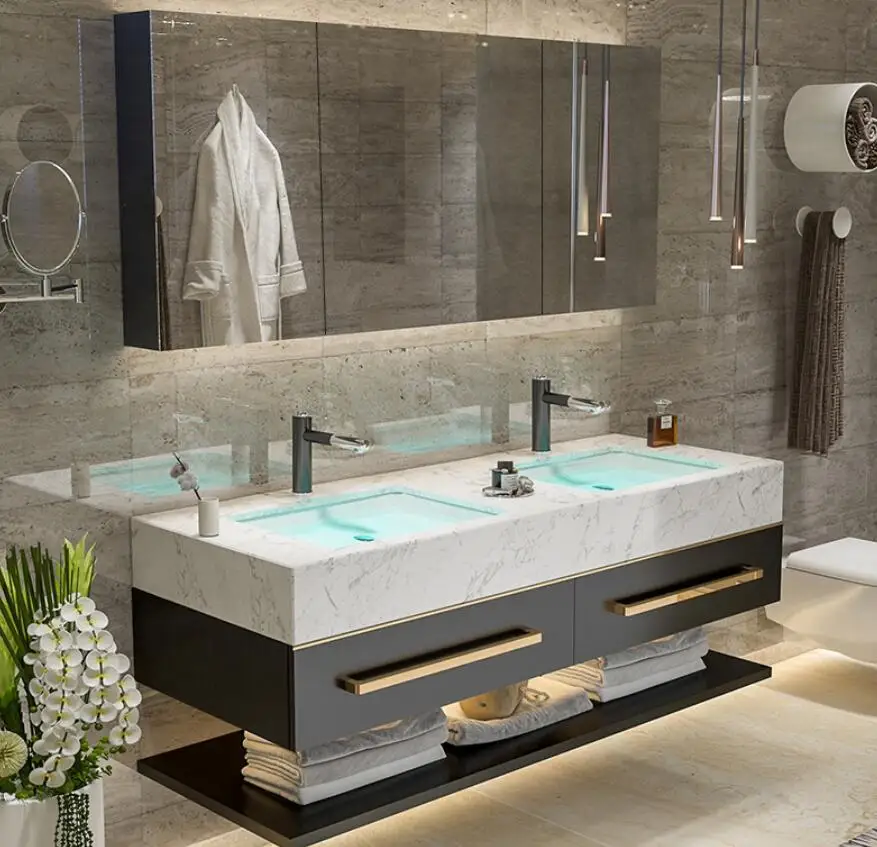 Modern solid wood acrylic surface bathroom furniture wall mounted double deck bathroom cabinet vanity with sink