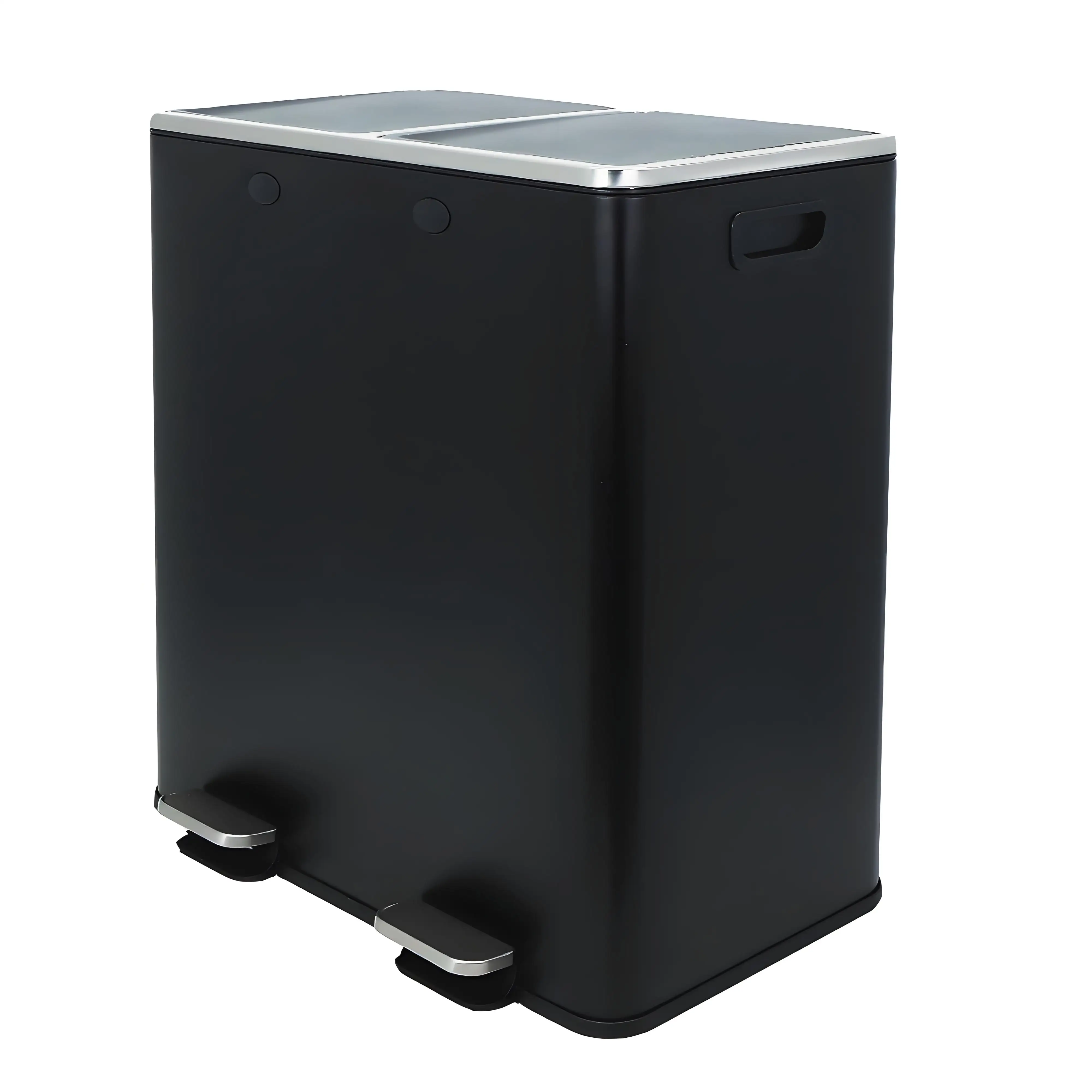 13 Gallon Stainless Steel Trash Can Large Black Garbage Recycling Bin 2 Compartments Metal Double Trash Can For Kitchen