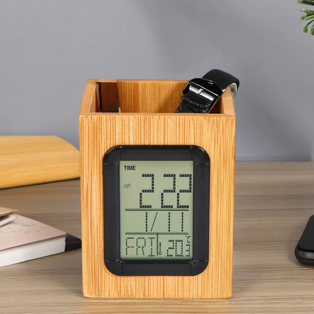 Creative Bamboo LCD Voice Control Home Living Room Study Pure Bamboo Large Screen Digital Display Pen Table Alarm Clock
