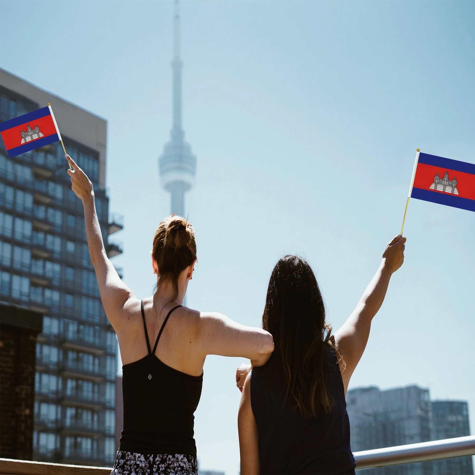 Custom digital printing Cambodia Country Stick Hand Held Flag for Sports