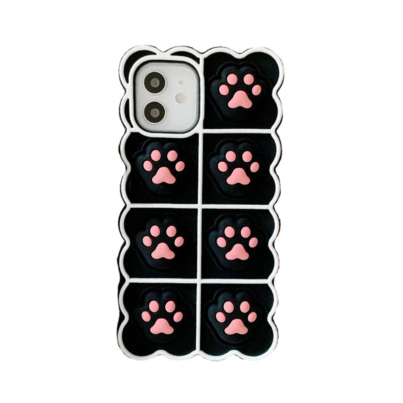 For iPhone 13 12 mini 11 pro max anti stress reliever soft silicone bubble toy phone cover 3D cat paw phone case