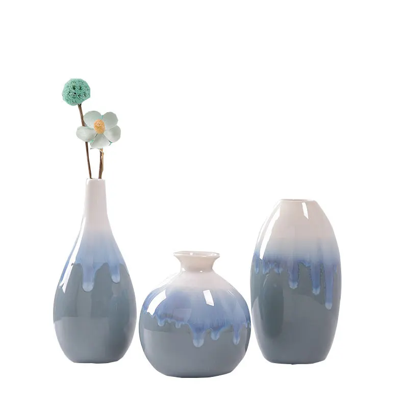Flowing Glaze Kiln to Blue Ceramic Vase Decoration Home Decoration Plain Burnt White Vase Flower Insert Three Piece Set