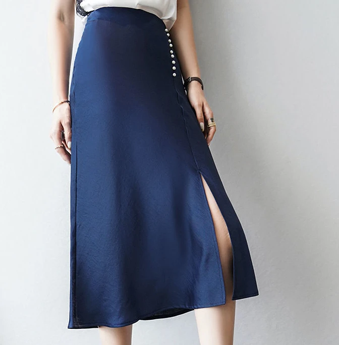 New Luxury Summer Satin Skirts Elegant A-line Split Single-breasted Women Skirt High Waist 2022 Solid Falda Femme Skirt