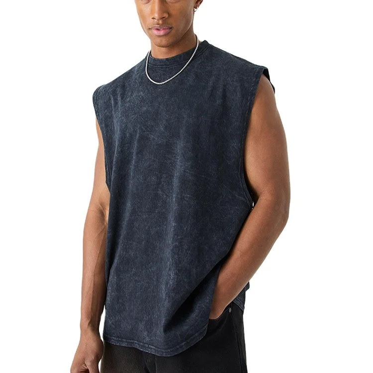Black Oversized Drop Armhole Sleeveless 100% Cotton Men Vintage Acid Wash Tank