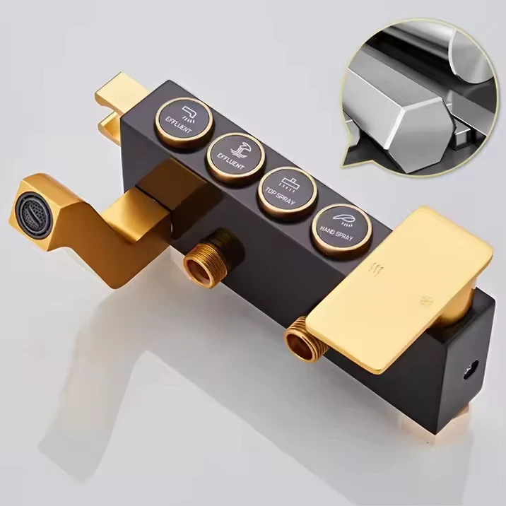 Luxury Shower Column 4 Functions Rain AL Black Gold Hot and Cold Brass Bathroom Shower Set Kit