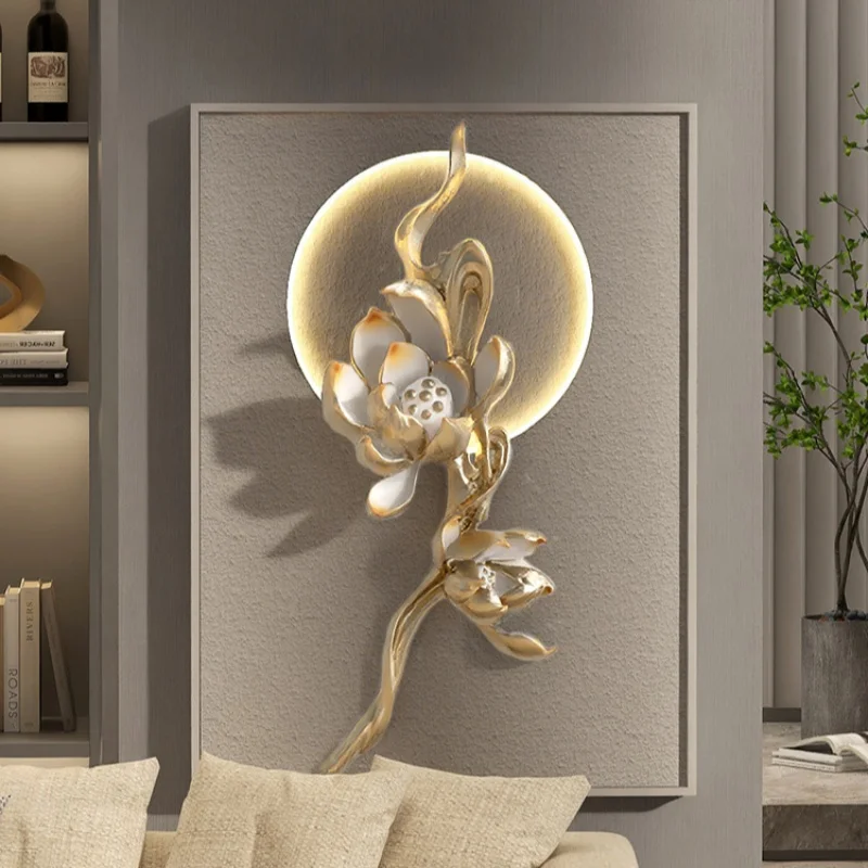 Modern Light Luxury Lotus Decorative Painting Three-Dimensional Relief Atmosphere Lamp Hotel Lobby Porch Hanging Paintings