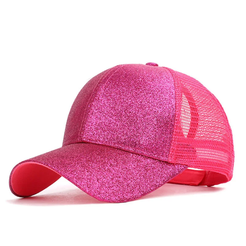 High Opening Sparkle Gold Ponytail Hat Glitter Mesh Trucker Cap With Pony Tail Hole For Women