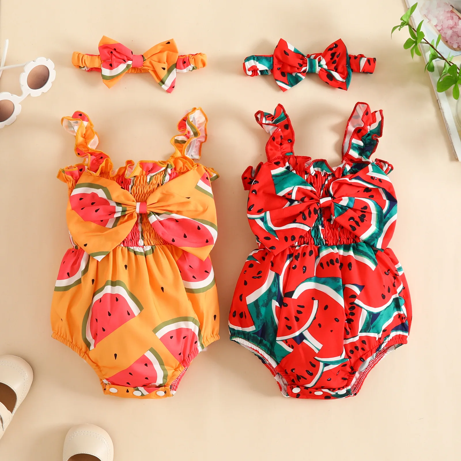 New Summer Baby Clothes Watermelon Print Shoulder Strap Triangle Romper Sleeveless Baby Rompers with Bow Headband