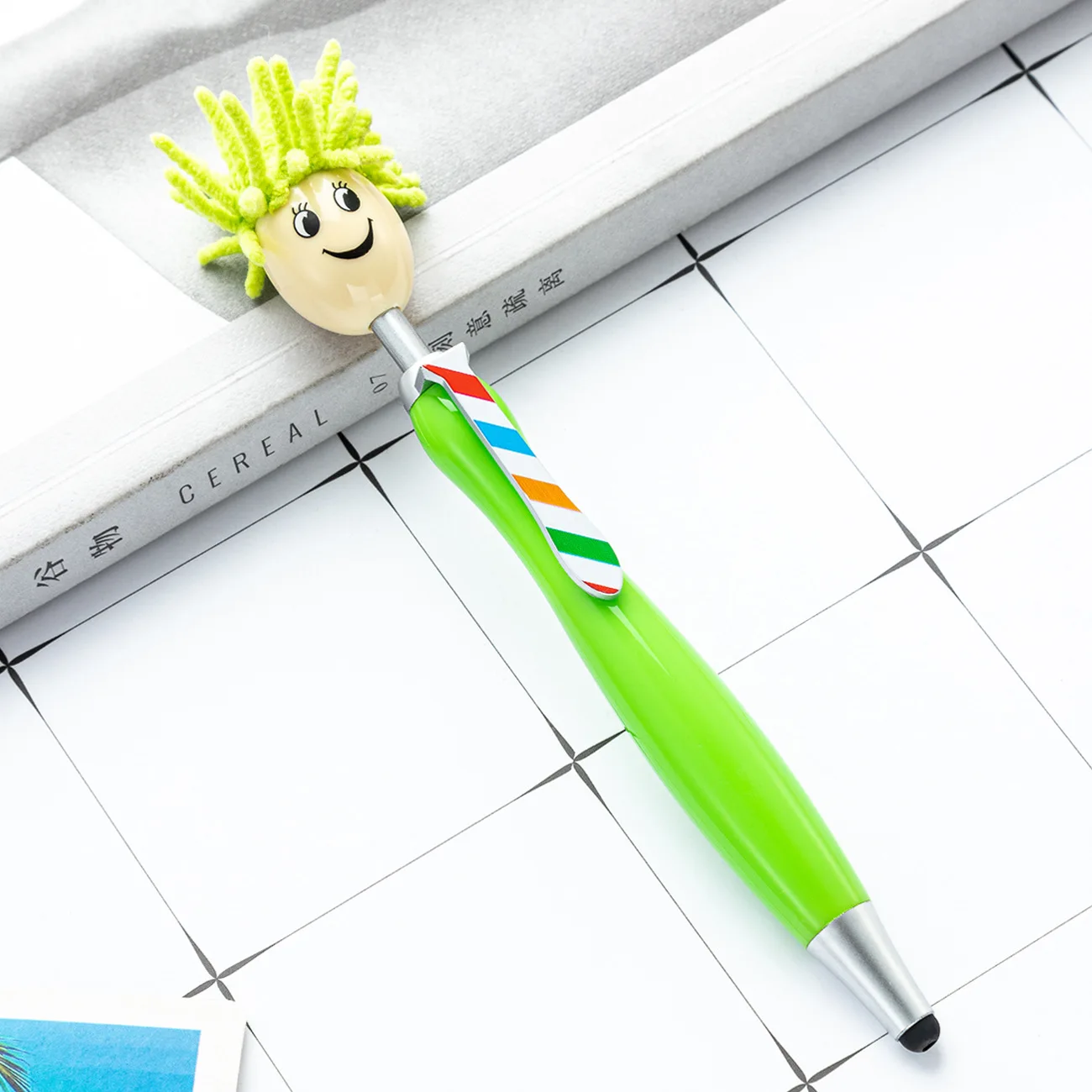 Promotional Novelty Plastic 2 in 1 Ball Pen Hot Selling Cute Doll Head Ballpoint Pen With Stylus For Phone/ipad