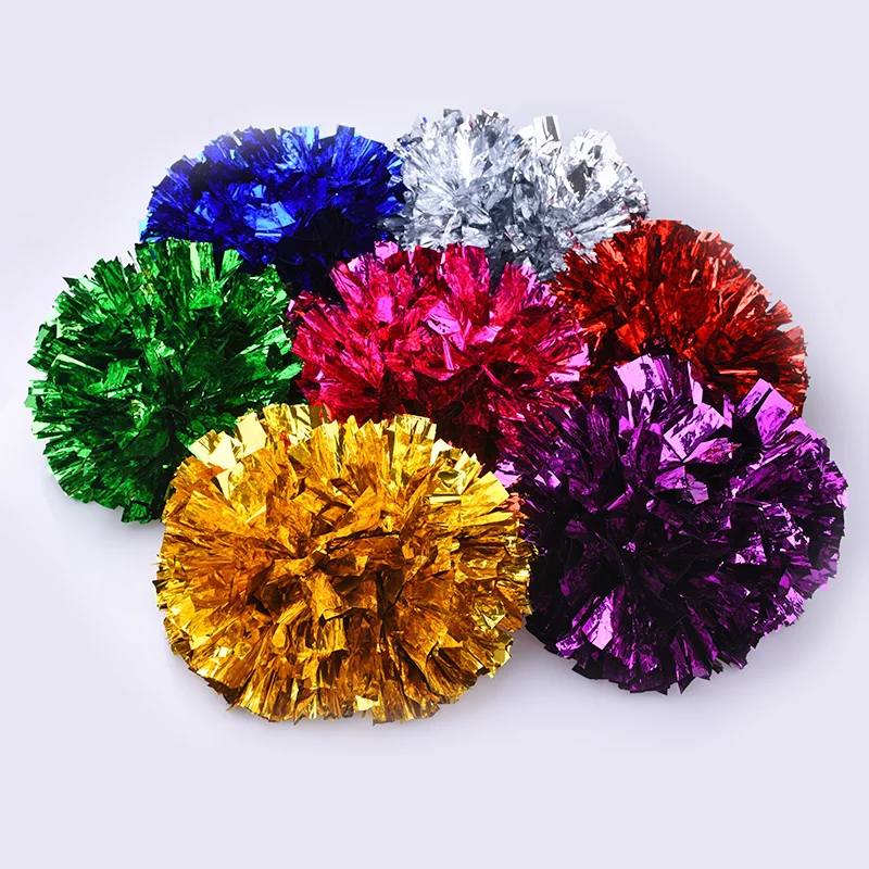 Custom Color Metallic PomPoms Cheerleading Baton Long Plastic Handle Cheerleading Pom Poms