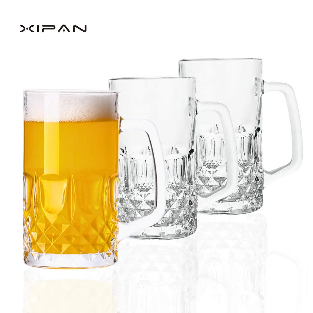 Customize Diamond Pattern Beer Mug Material Freezer Beer Mug For Bar Restaurant Home Party glass mug with Comfortable handle