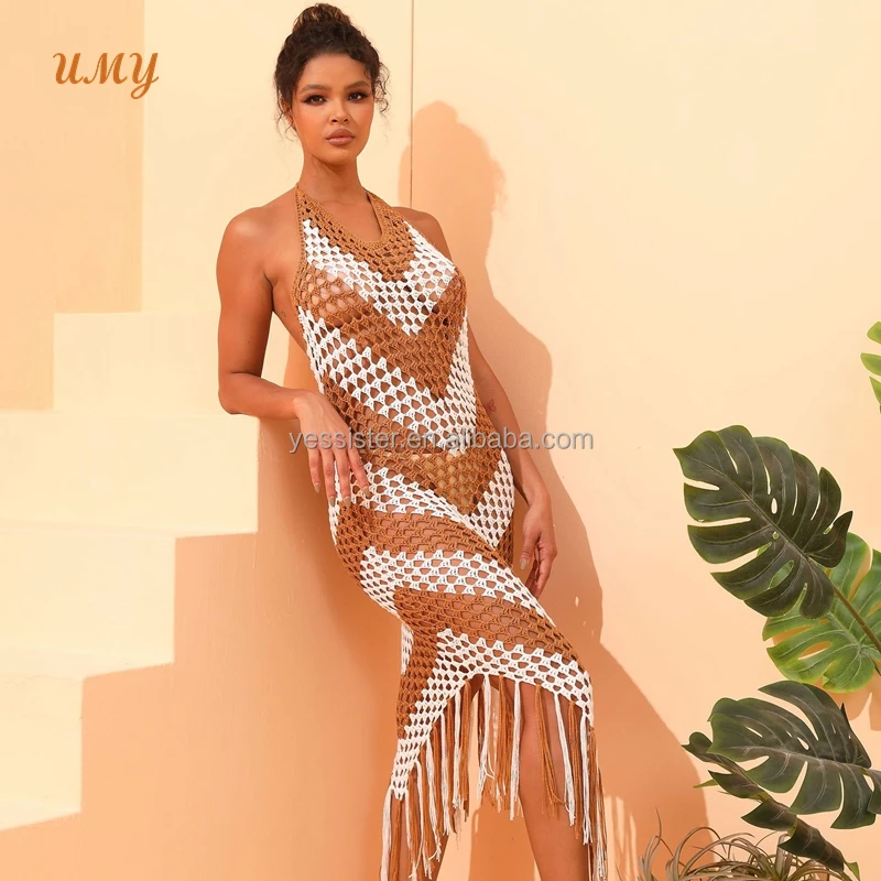Handmade Wedding Multicolor Knitted Dress with Hollow Tassel crochet beach wear Cover Ups for Adults