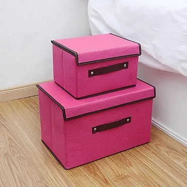 Folding Cotton Linen Fabric Storage Bin With Handle Lid Large Collapsible Box Basket For Home Organizer Rose