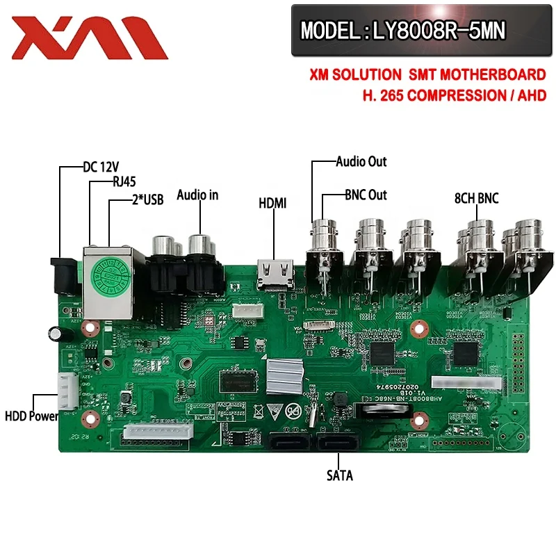 
5MN 8channel Coaxial AHD DVR and IPC Digital Hybrid DVR Mainboard Chip LY8008R-5MN H.265+ Compression 
