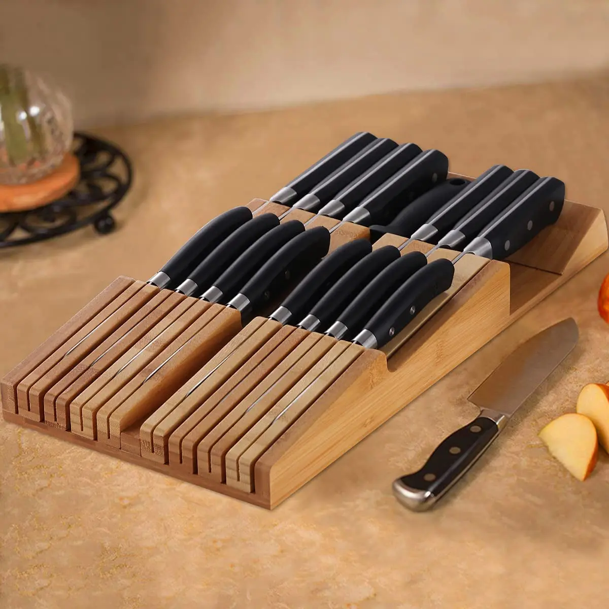 In-Drawer Bamboo knife block, Knife Organizer and Holder with Slots for 16 Knives and 1 Sharpening