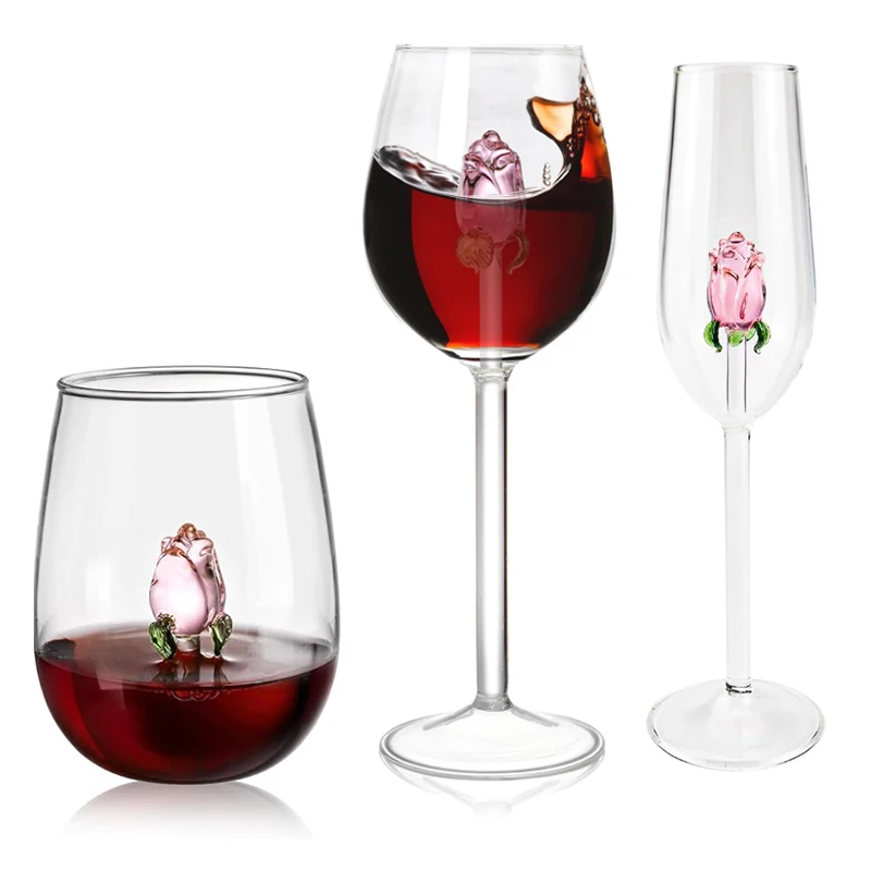 Crystal Champagne Flutes Red Wine Glass Unique Flower Wine Goblet Cocktail Glasses Rose Wine Glass with Rose Inside