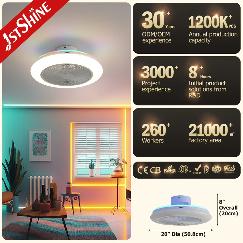 1stshine RGB ceiling fan  smart APP control indoor ambient light flush mount bladeless ceiling fan