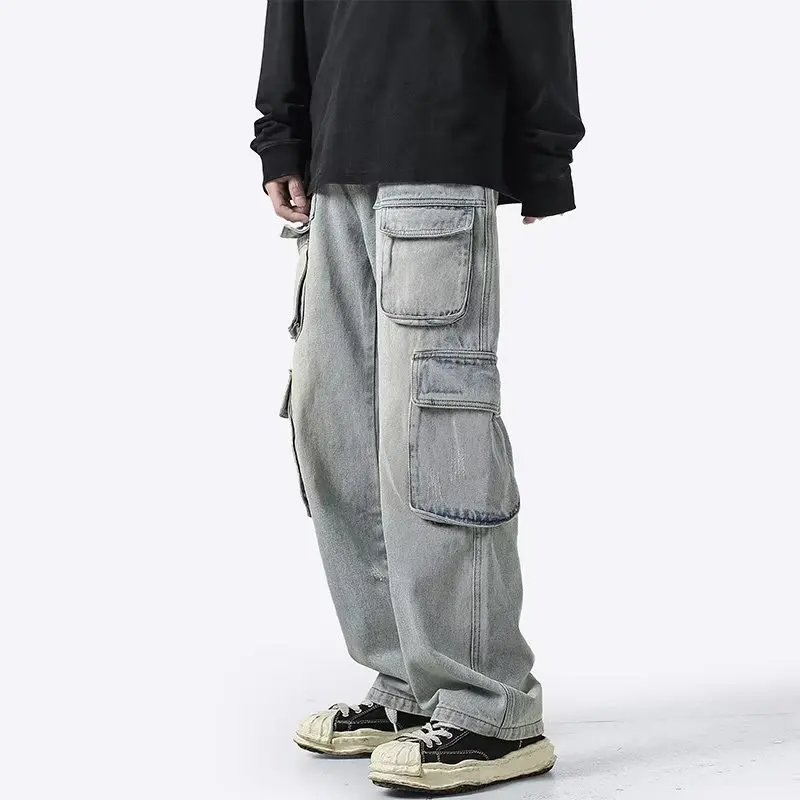 SSY Unisex American High Street Old Wash Vintage Jeans Loose Tooling Wide Leg Pants Drag Ground Straight Multi-bag Trousers