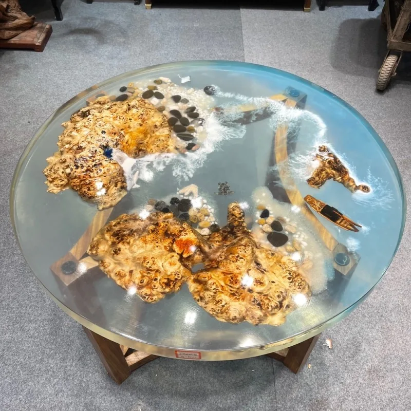 Home Furniture Factory Direct Solid Walnut Wood Restaurant Kitchen Dining River Epoxy Resin Table Round Dining Tea Coffee Table