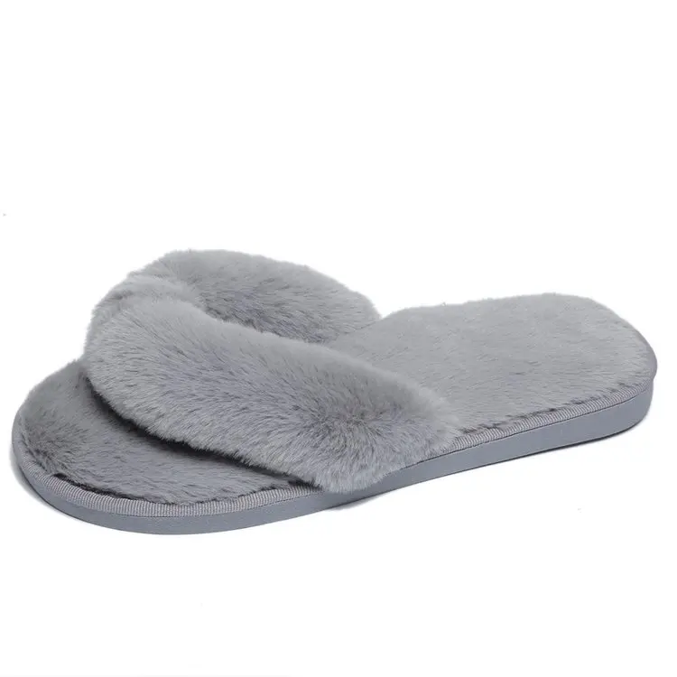 Women House Slippers Warm Faux Fur Ladies Cross Soft Plush Furry Female Open Toe Fashion Flip Flops Slides