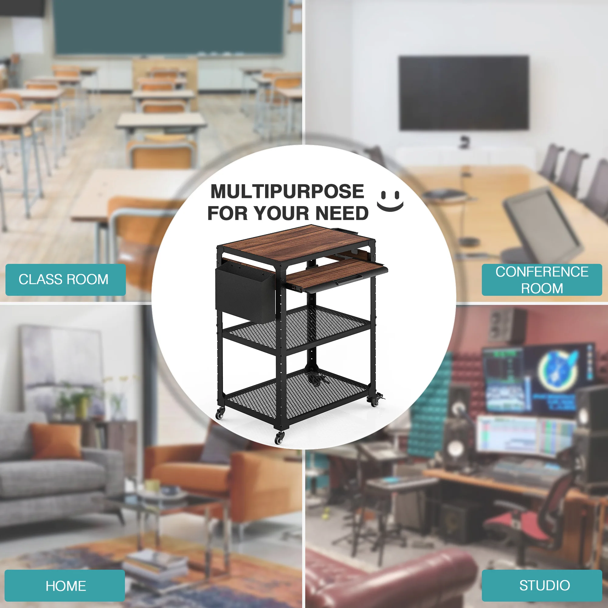Office Computer Printer Stand Trolley Lecture AV Cart with Rolling Caster and Shelf