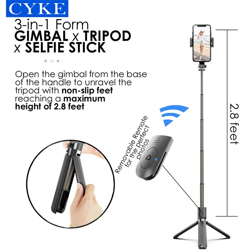 CYKE L08 Estabilizador de telefono Grabacion de video Universal Wireless Bluetooths Selfie Stick Handheld Smartphone Gimbal