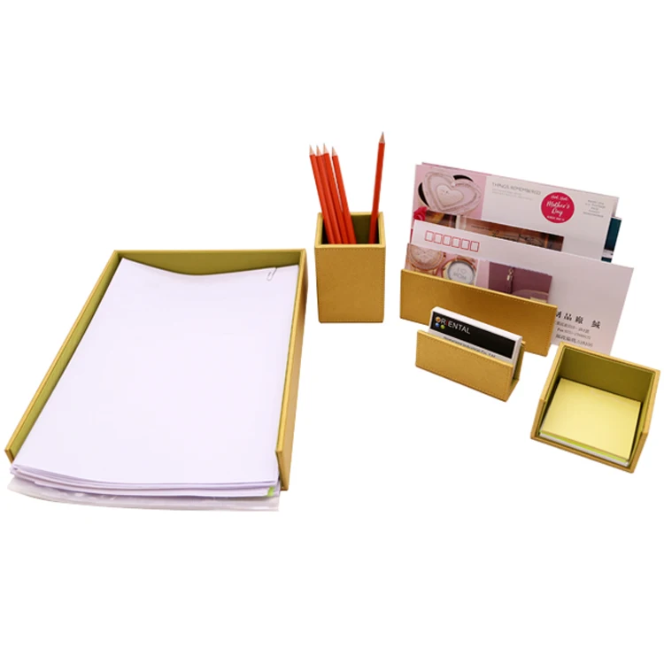 luxury gold branded leather pen stand business card desk organizer tray office accessories