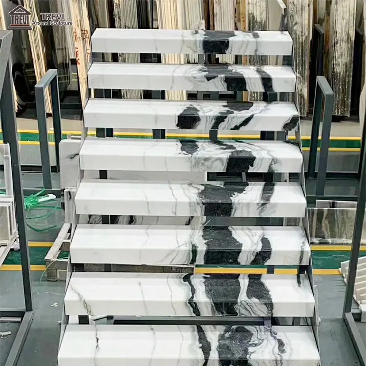 Villa Floor Design Indoor Staircase Beige Panda White Marble Tiles Stairs Step