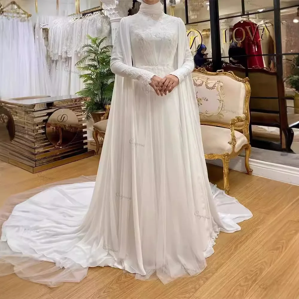 AL1775 2024 new white simple Long sleeved satin wedding dress luxury elegant civil modest Muslim bride wedding dress ball gown