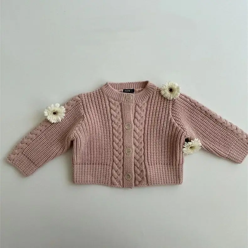 Korean Spring and Autumn Solid Color Knitted Cardigan Fashion Trend Versatile Long Sleeve Casual Coat Pattern for Boys and Girls