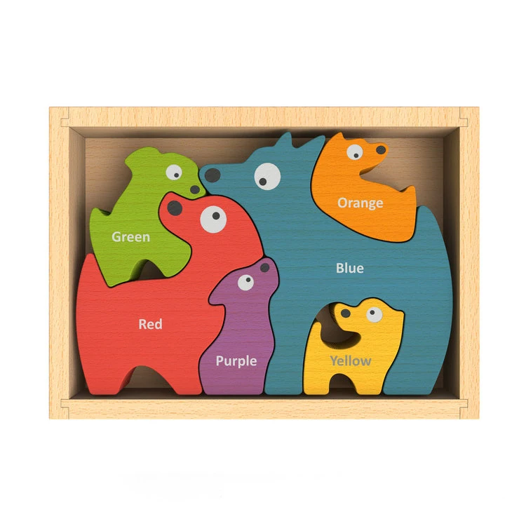 Eco-friendly toysWooden Dog Family Color Names Puzzle for Toddlers Custom Cube Puzzle Educational Blocks Toys