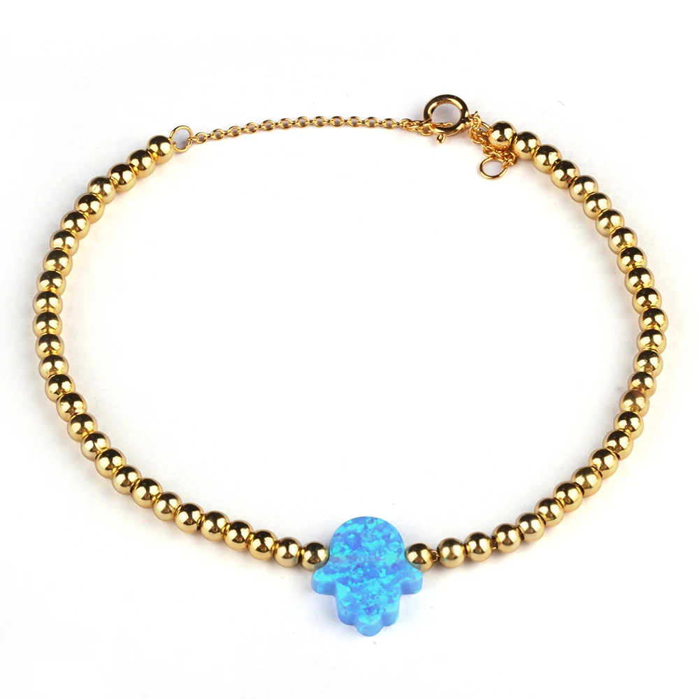 Милый 925 серебряный материал синтетический опал в форме хамсы позолоченные бусины браслет с опалом