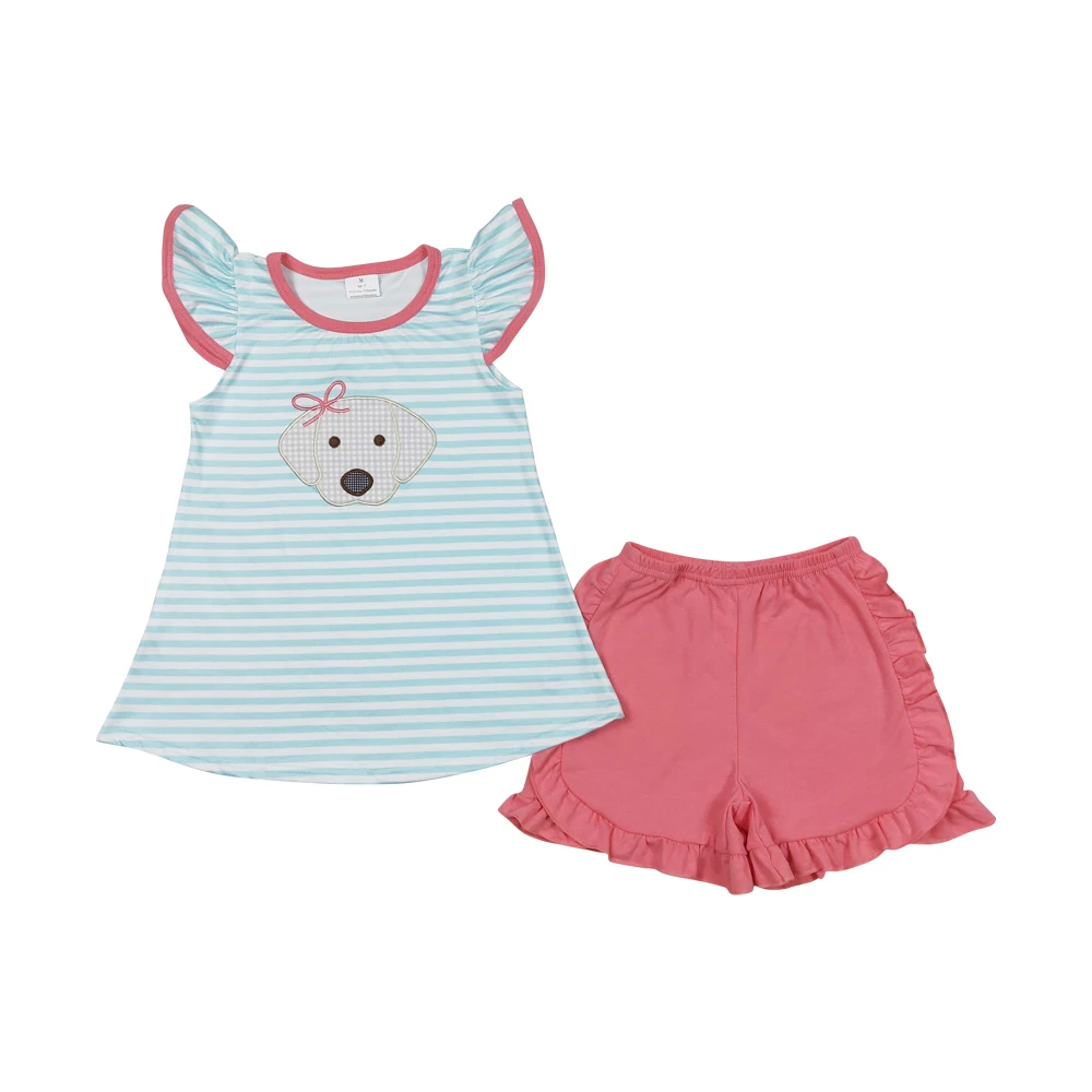 Girls clothes aqua stripe flutter sleeves embroidery dog tunic peach ruffle short wholesale girls clothe boutique suit low price