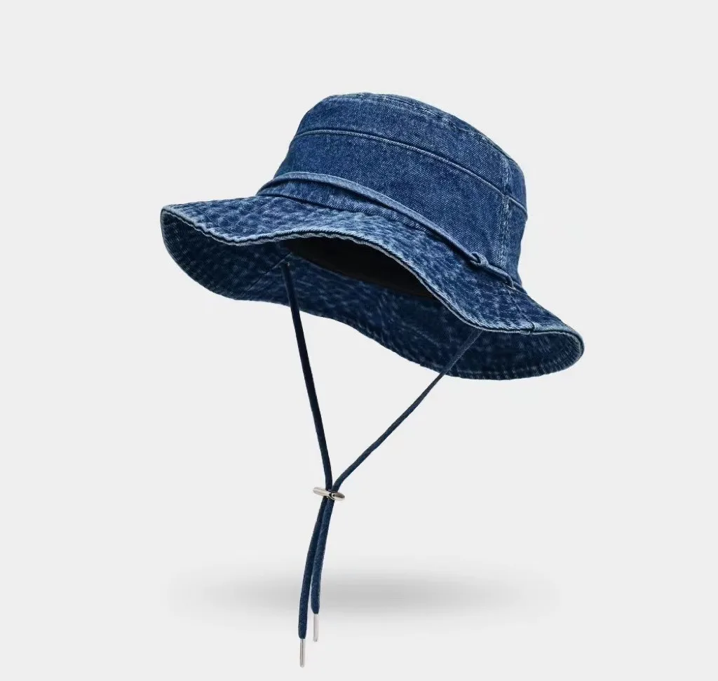 Packable Outdoor Travel Sun Hats Wide Brim Outlet Washed Cotton Blue Jeans Denim Bucket Hat with String