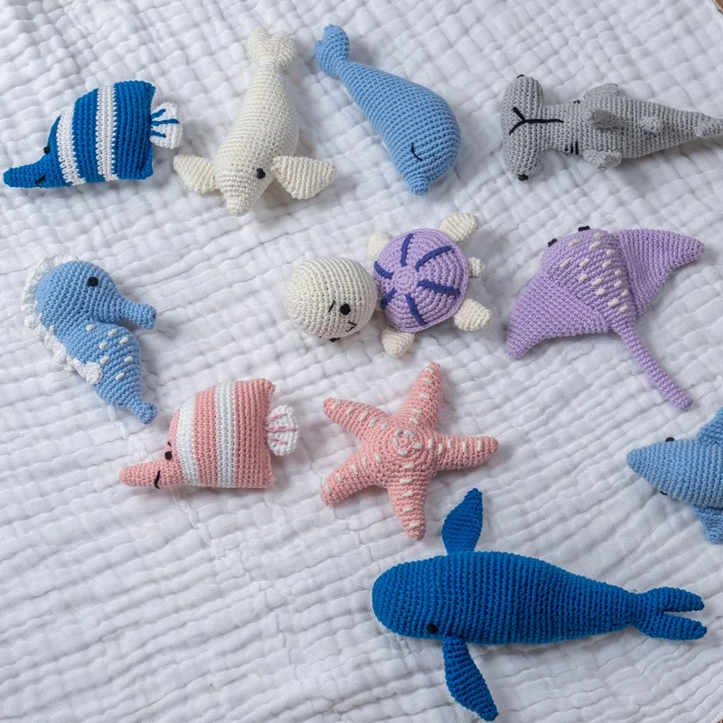 New style Wood Baby Rattle Wooden Teether Crochet seahorse Turtle doll Teething Ring Crochet Wooden Rattle for Baby Boys Girls