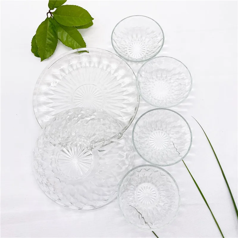Factory direct sale diamond glass salad bowl glass dessert plate 6-piece set kitchen essential tableware price discount