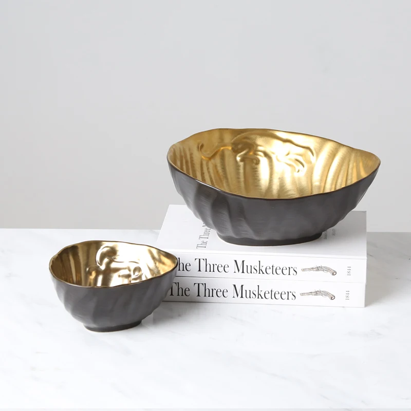 
Oval golden painted inside lacquer bowls ceramic decorative fruit bowl 