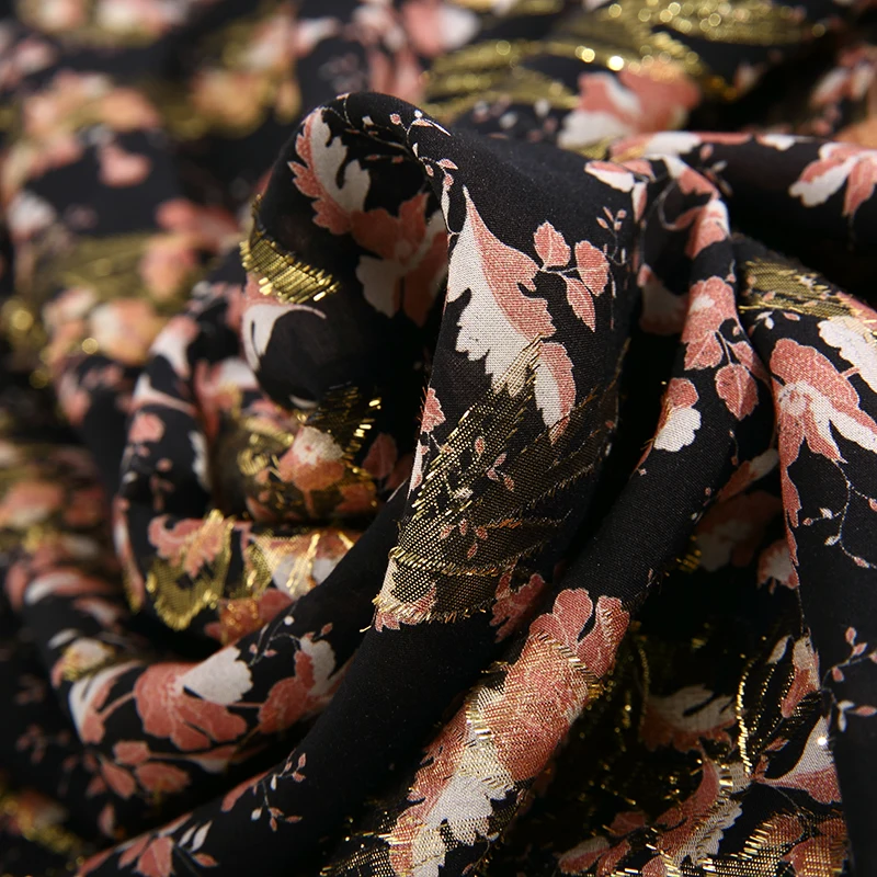 OEKO-TEX 26%SILK62%ECO MODAL12%METALLIC 15MM gold leaf flower printed silk fabric