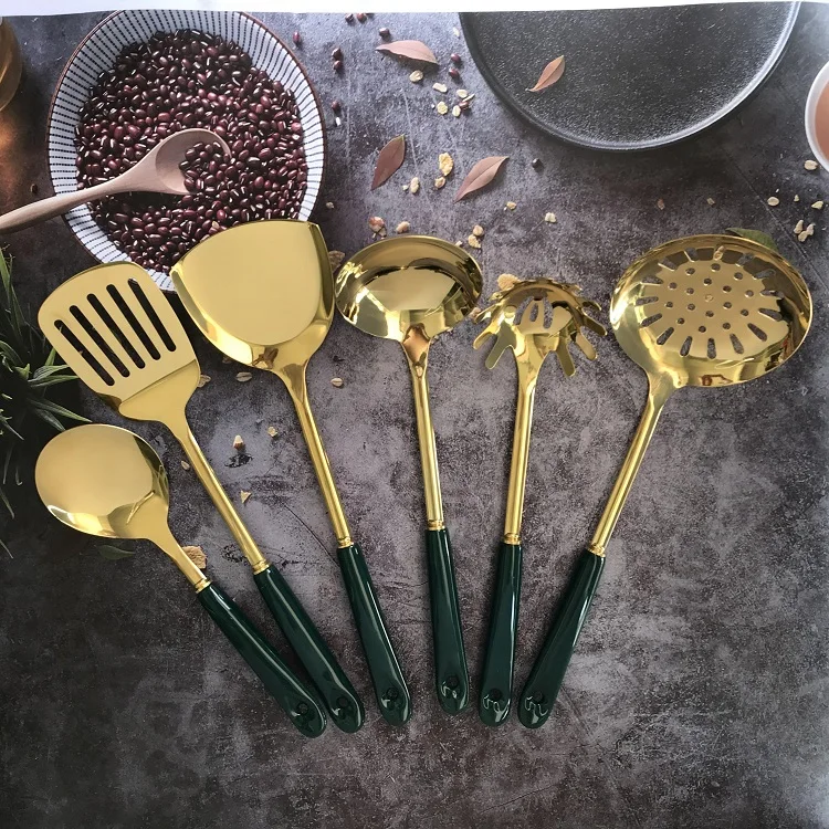 Hot Sale Luxury Utensil Set Kitchenware 7pcs Stainless Steel Kithchen Set Gold Plated Cookware Ceramic Handle Utensil Set