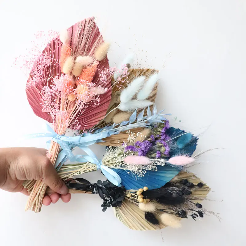 Ins hot-selling palm fan bouquet, cake decoration spray-painted palm leaf rabbittail combination bouquet
