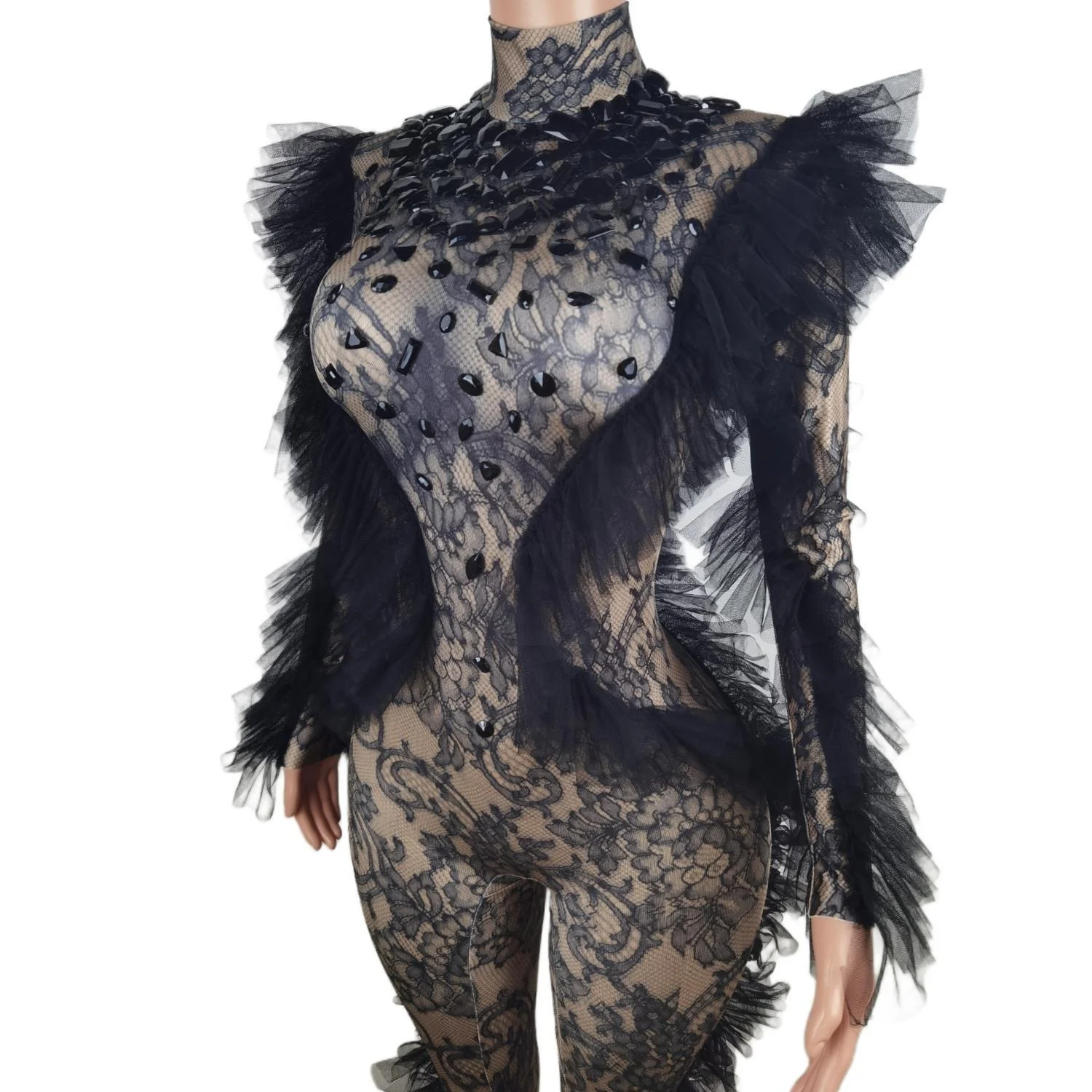 2023 Long Sleeves Black Lace Print Ruffles Bodysuits Photoshoot Exotic Dancer Clothes Women Party Rompers Rhinestone Jumpsuit